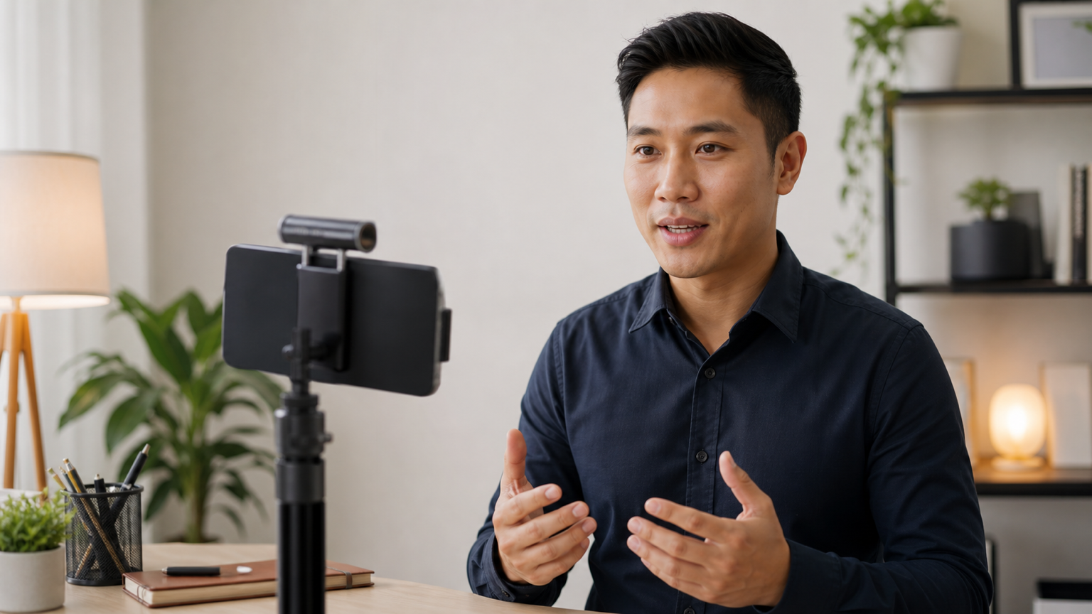 Job seeker recording a video resume with a phone teleprompter setup