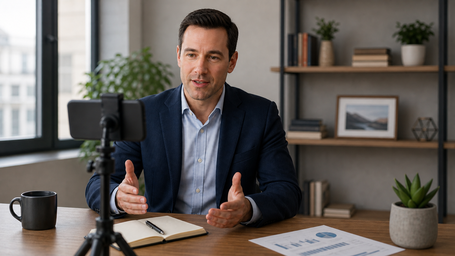 Financial advisor recording a market update with a phone teleprompter setup