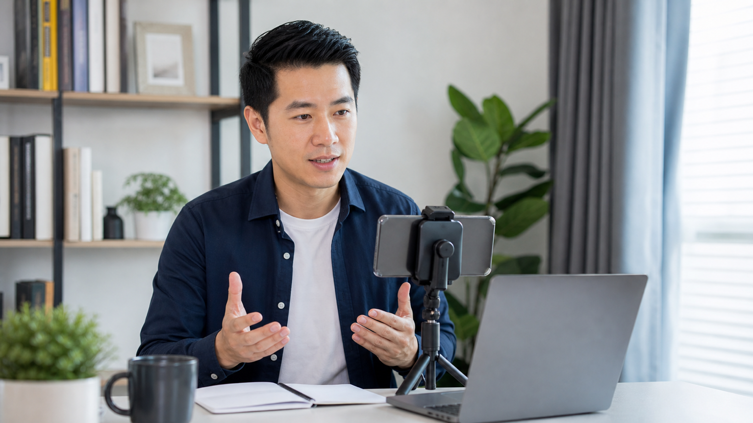 Webinar presenter reading from a phone teleprompter beside a laptop camera